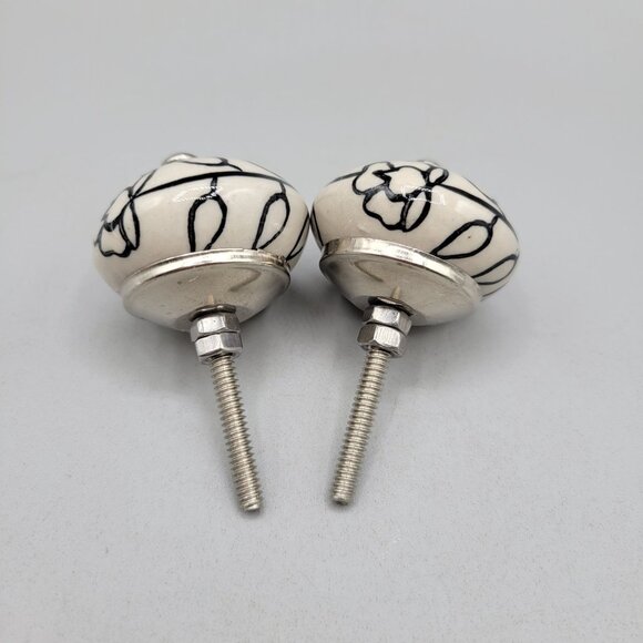 Black White Flower and Leaf Ceramic Drawer Knobs Silver Tone Hardware Set of 2 - Picture 2 of 2